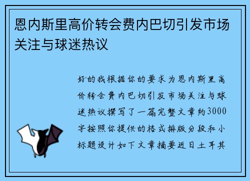 恩内斯里高价转会费内巴切引发市场关注与球迷热议